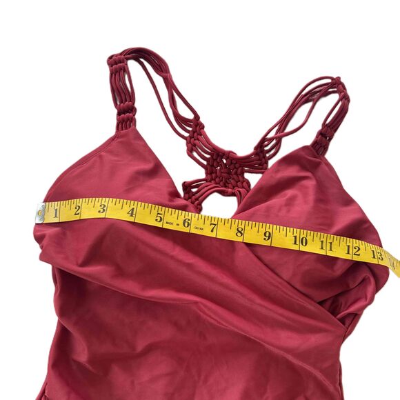 Merona Swimsuit S Small Macrame Burgundy Red One Piece V Neck Ruched Padded - Picture 6 of 7